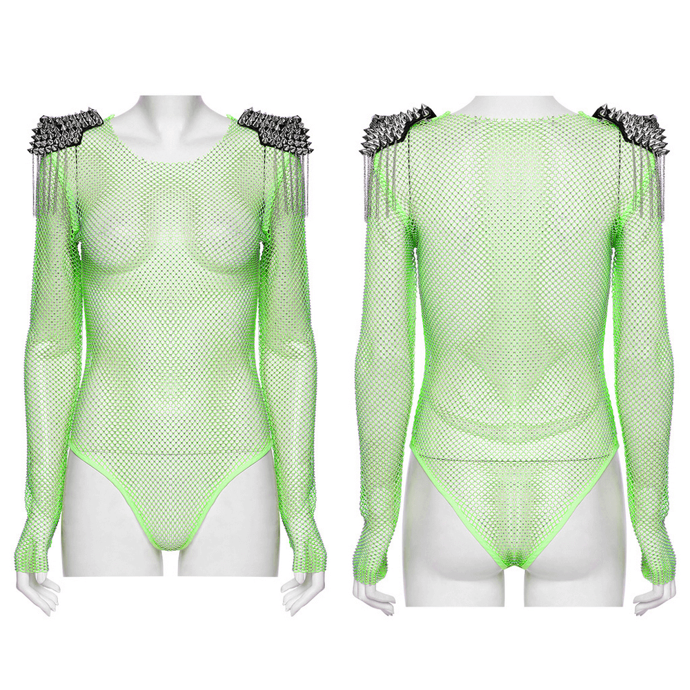 Neon mesh bodysuit with detachable spike shoulder patches, perfect for cyberpunk fashion and edgy looks.