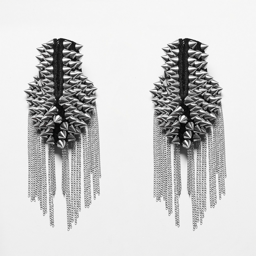 Edgy detachable spike shoulder patches with chains for cyberpunk fashion.