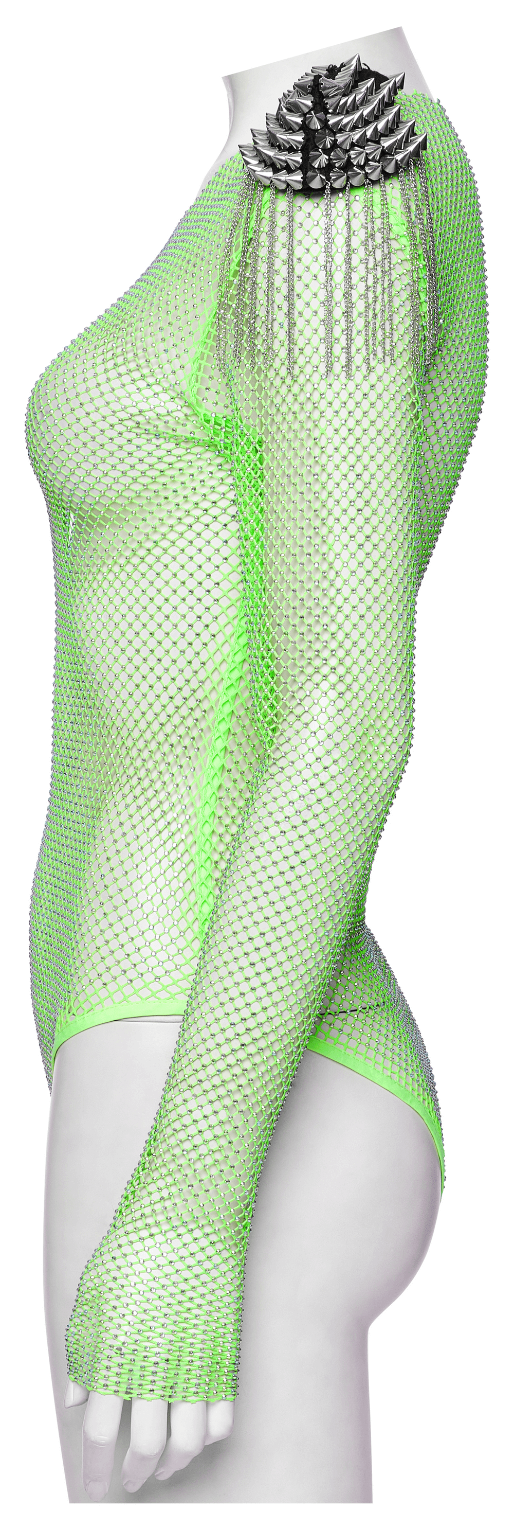 Neon Mesh Bodysuit with Detachable Spike Shoulder Patches