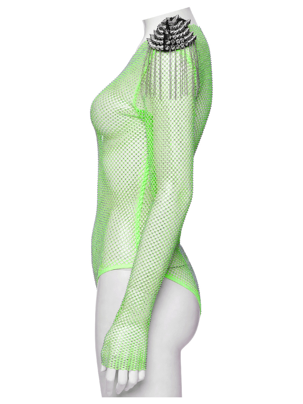 Neon mesh bodysuit with detachable spike shoulder patches, showcasing a futuristic cyberpunk style.