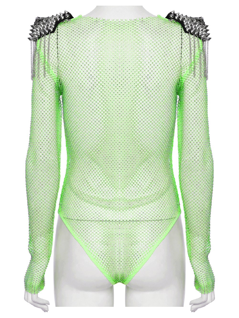 Neon green mesh bodysuit with detachable spike shoulder patches for a cyberpunk fashion look.