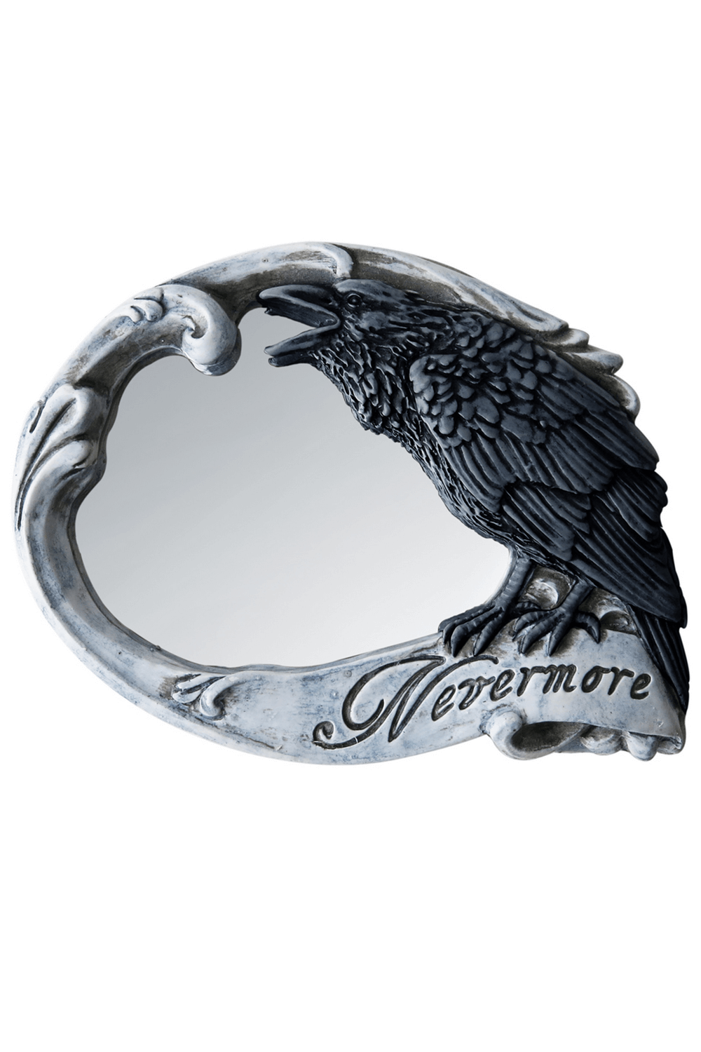 Gothic Nevermore raven mirror with sculpted frame and skull design, perfect for dark romantic decor.