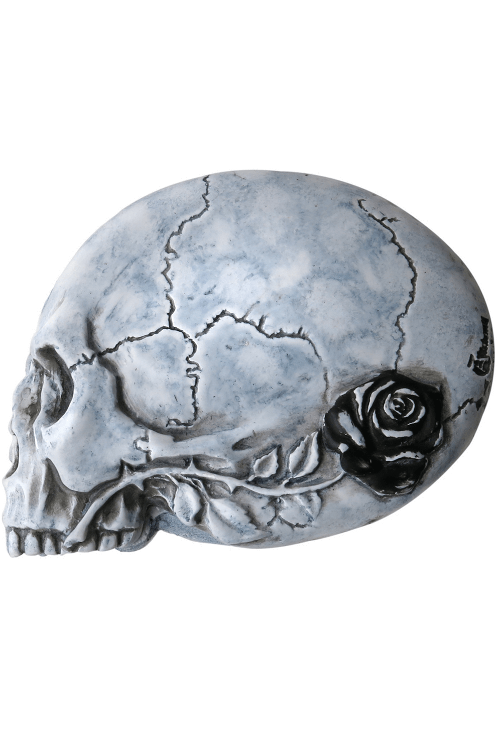 Artistic skull sculpture adorned with a black rose and cracked texture, perfect for gothic decor.