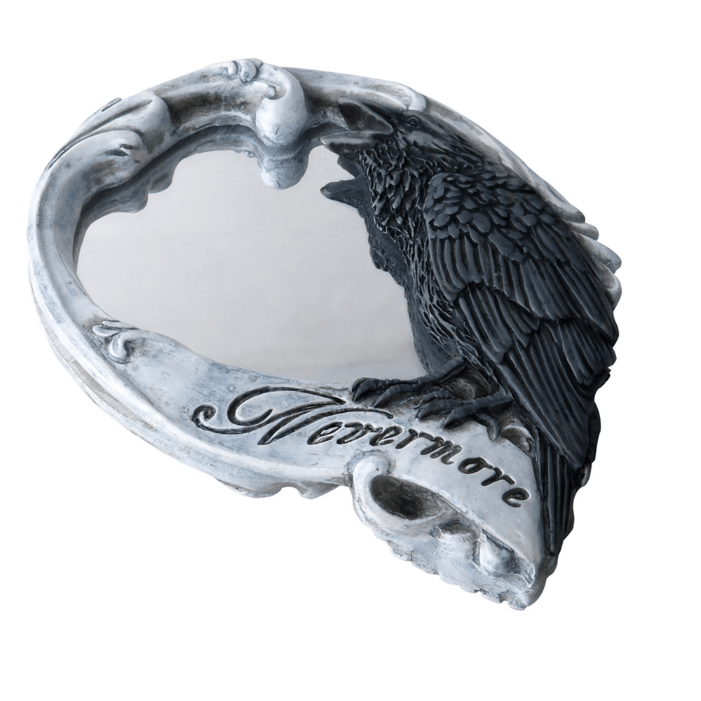 Gothic wall mirror featuring a raven, skull backing, and 'Nevermore' inscription for dark decor enthusiasts.