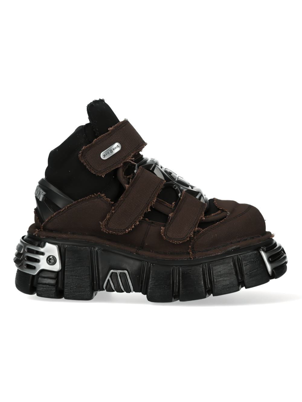 NEW ROCK Men's edgy brown ankle boots with chunky platform and velcro straps for a punk rock style.