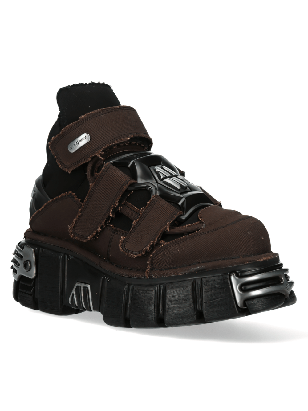 NEW ROCK men's brown ankle boots with chunky platform, velcro straps, and edgy punk design.