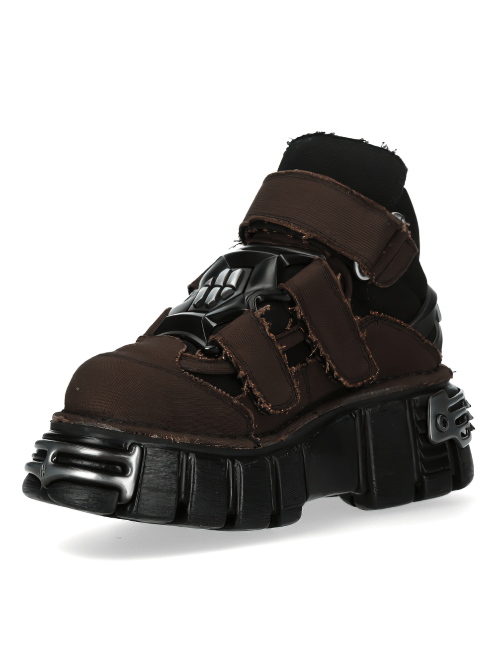 NEW ROCK Men's chunky platform ankle boots with velcro straps and edgy design in brown.