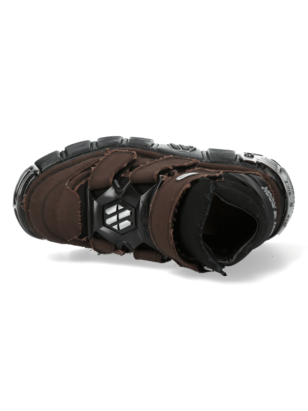 NEW ROCK Men's chunky platform ankle boot in brown with velcro straps and edgy design.