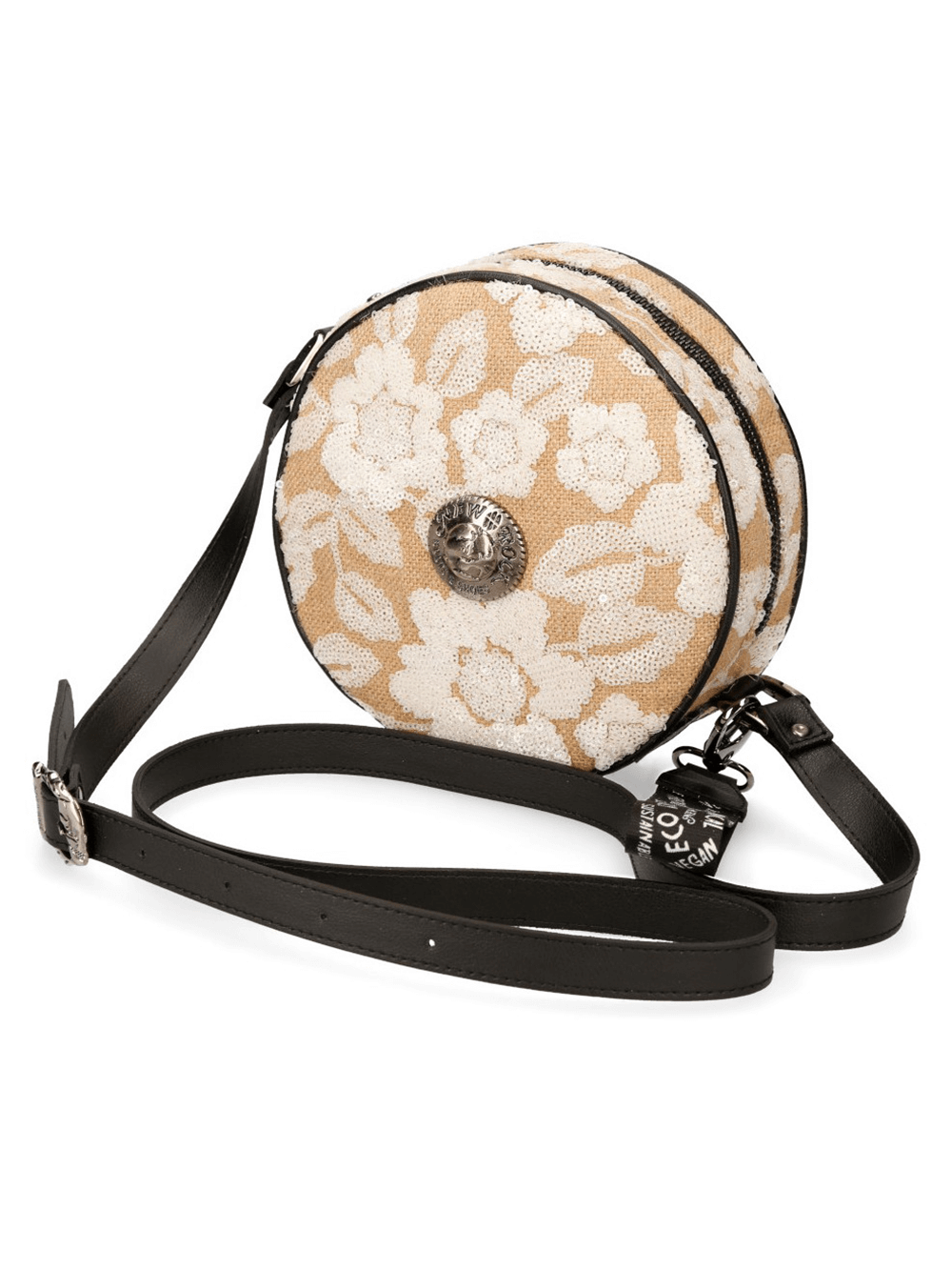 NEW ROCK beige round gothic punk crossbody bag with floral design and secure zipper closure.