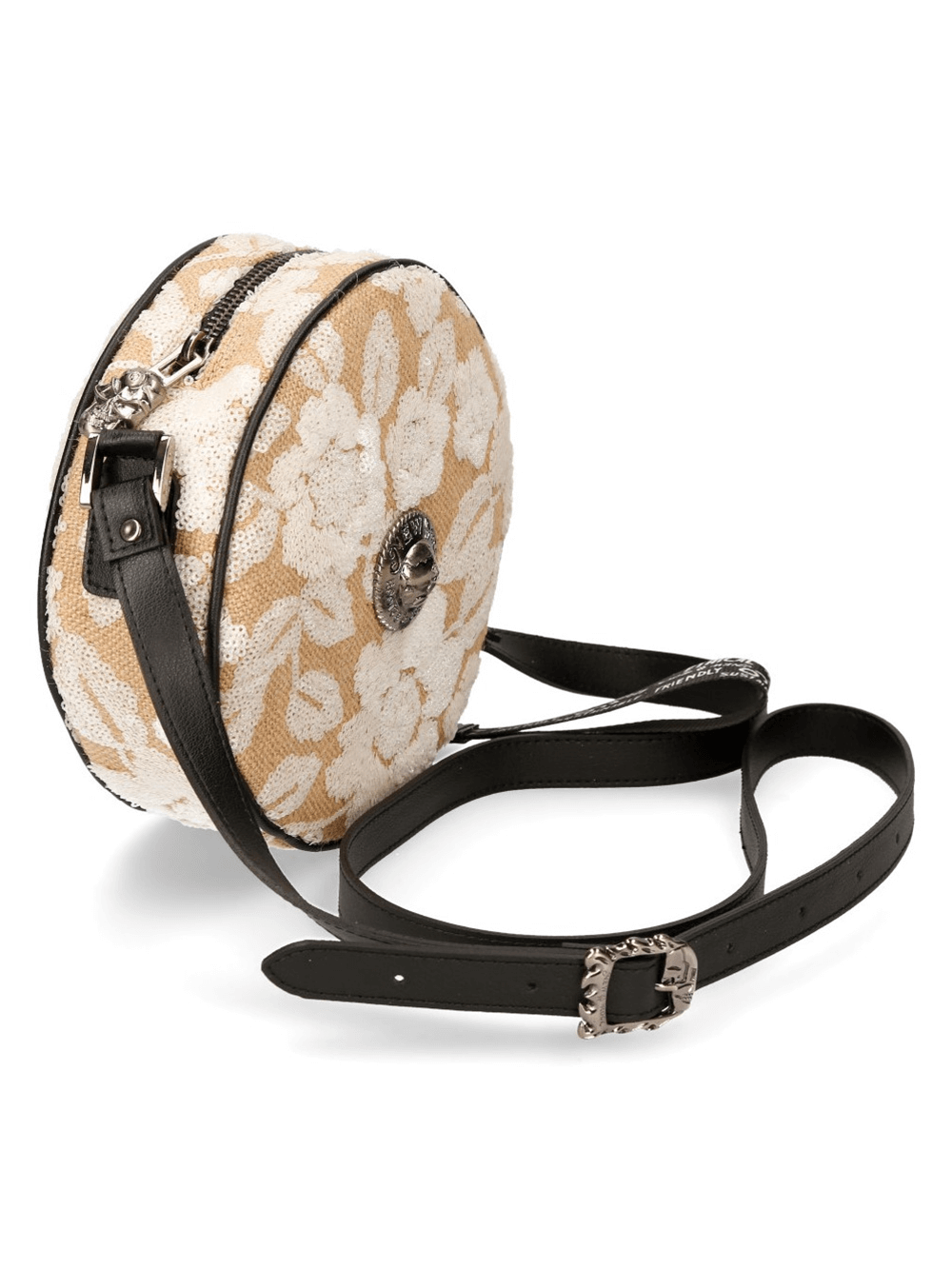 NEW ROCK beige round gothic punk crossbody bag with floral design and zipper closure, perfect for edgy style.