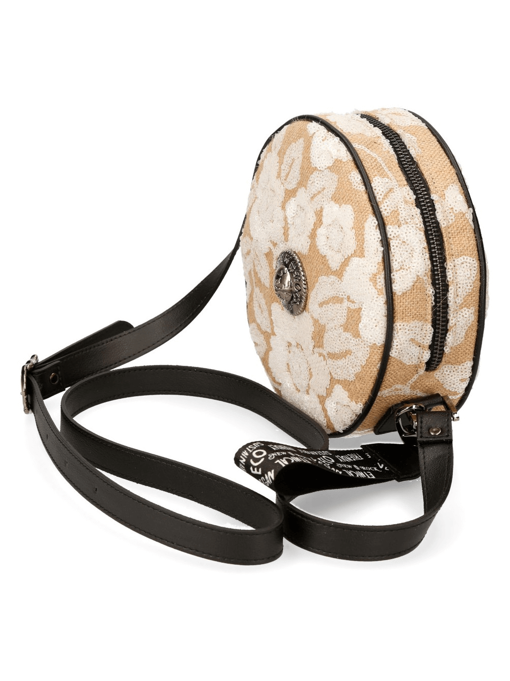 NEW ROCK Beige Round Gothic Punk Crossbody Bag with Zipper, stylish floral design, perfect for everyday urban outfits.