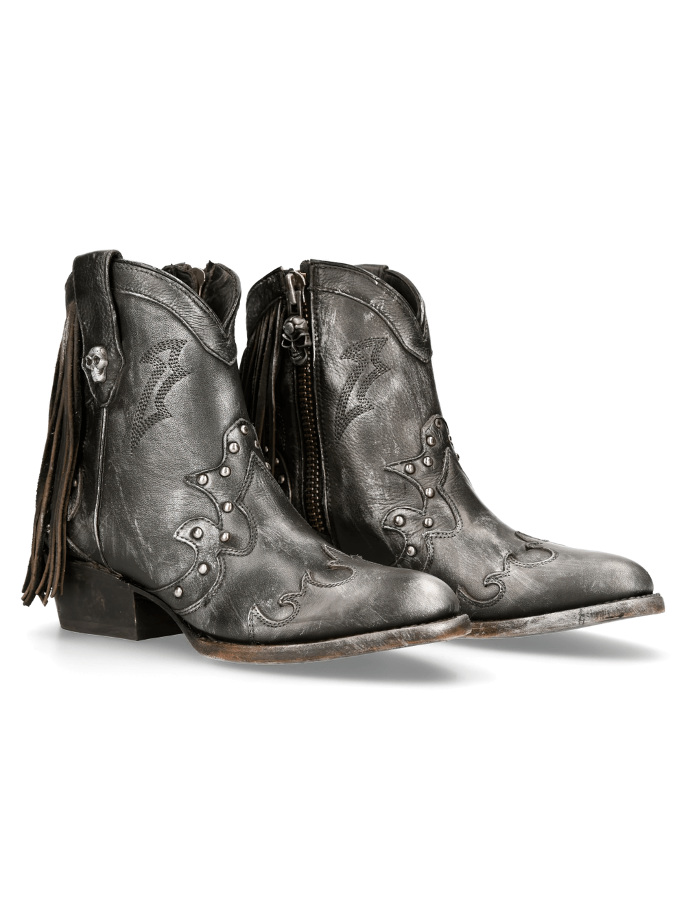 Gothic style black biker ankle boots with fringe, skull zipper, and stone-washed finish, perfect for bold fashion enthusiasts.