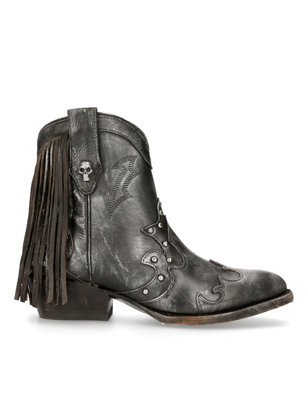 Stylish NEW ROCK biker ankle boots with fringe, skull zipper, and stone washed gothic style in black.