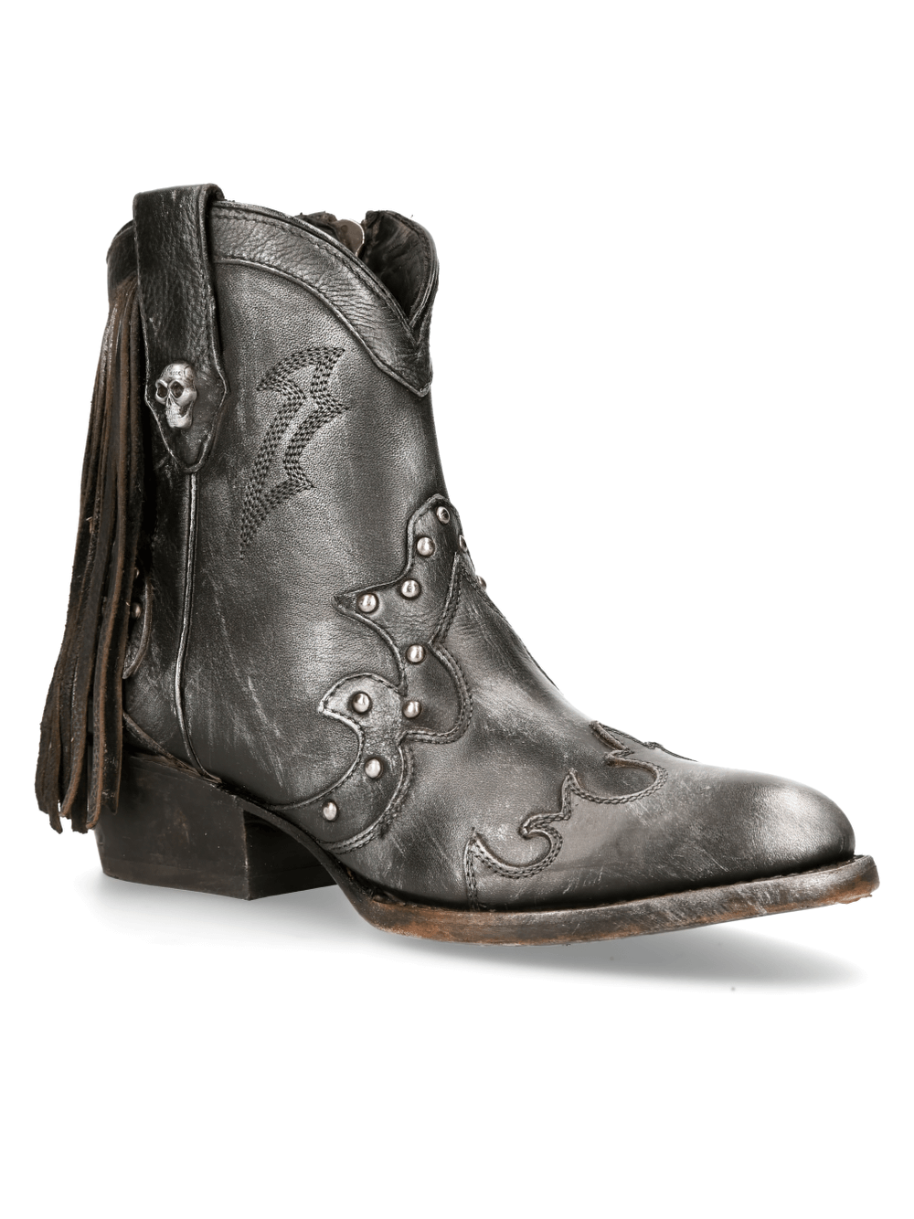 NEW ROCK Gothic black fringe biker ankle boots with skull zipper, stylish stonewashed leather, 5 cm heel.
