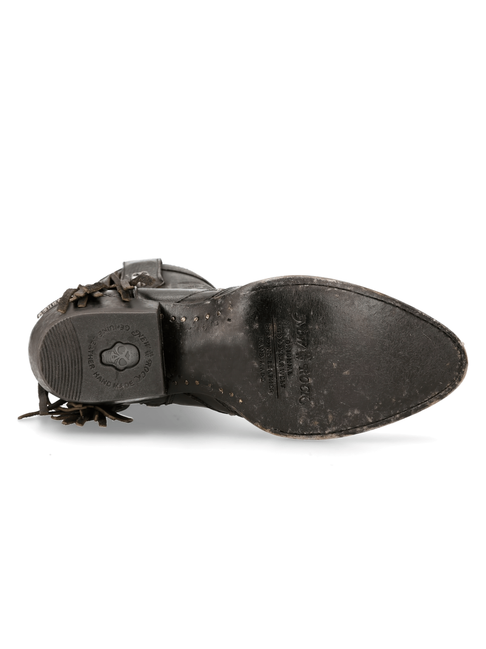 Bottom view of NEW ROCK Biker Ankle Boots showcasing the unique stonewashed texture and fringe details.