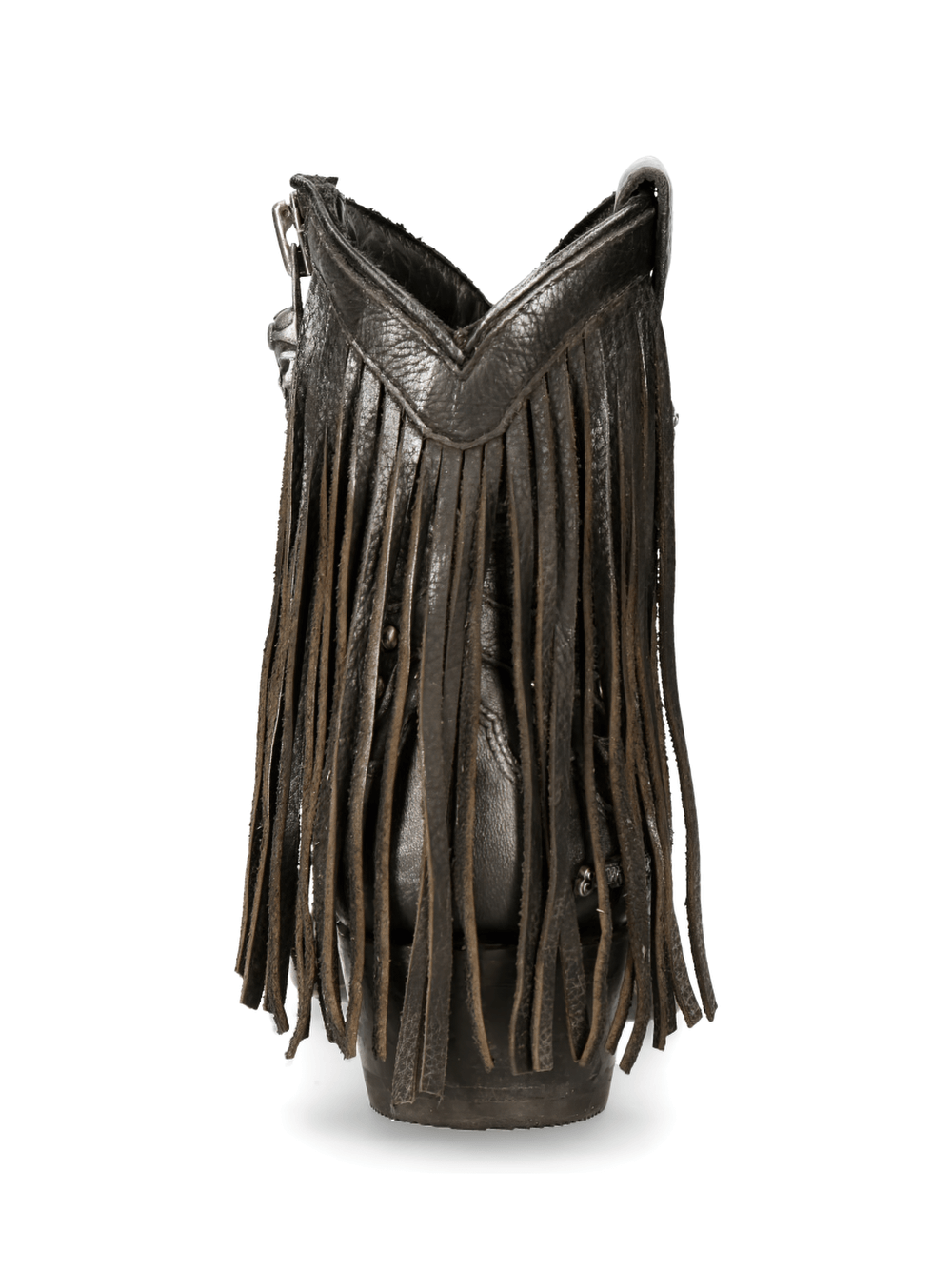 Back view of NEW ROCK Gothic black ankle boots with fringe and skull zipper, showcasing stone wash leather and unique design.