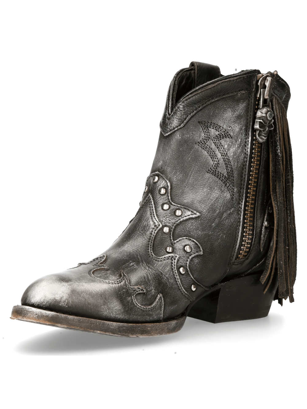 NEW ROCK Gothic Biker Ankle Boots in black with fringe, skull zipper, and stonewash finish for a bold look.