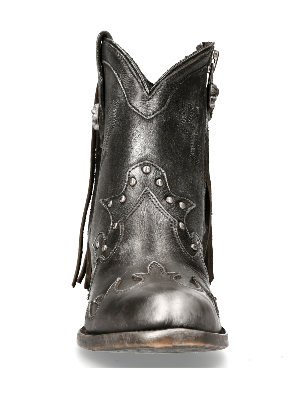 NEW ROCK Biker ankle boots with fringe and skull zipper, stone washed black leather, gothic western style.