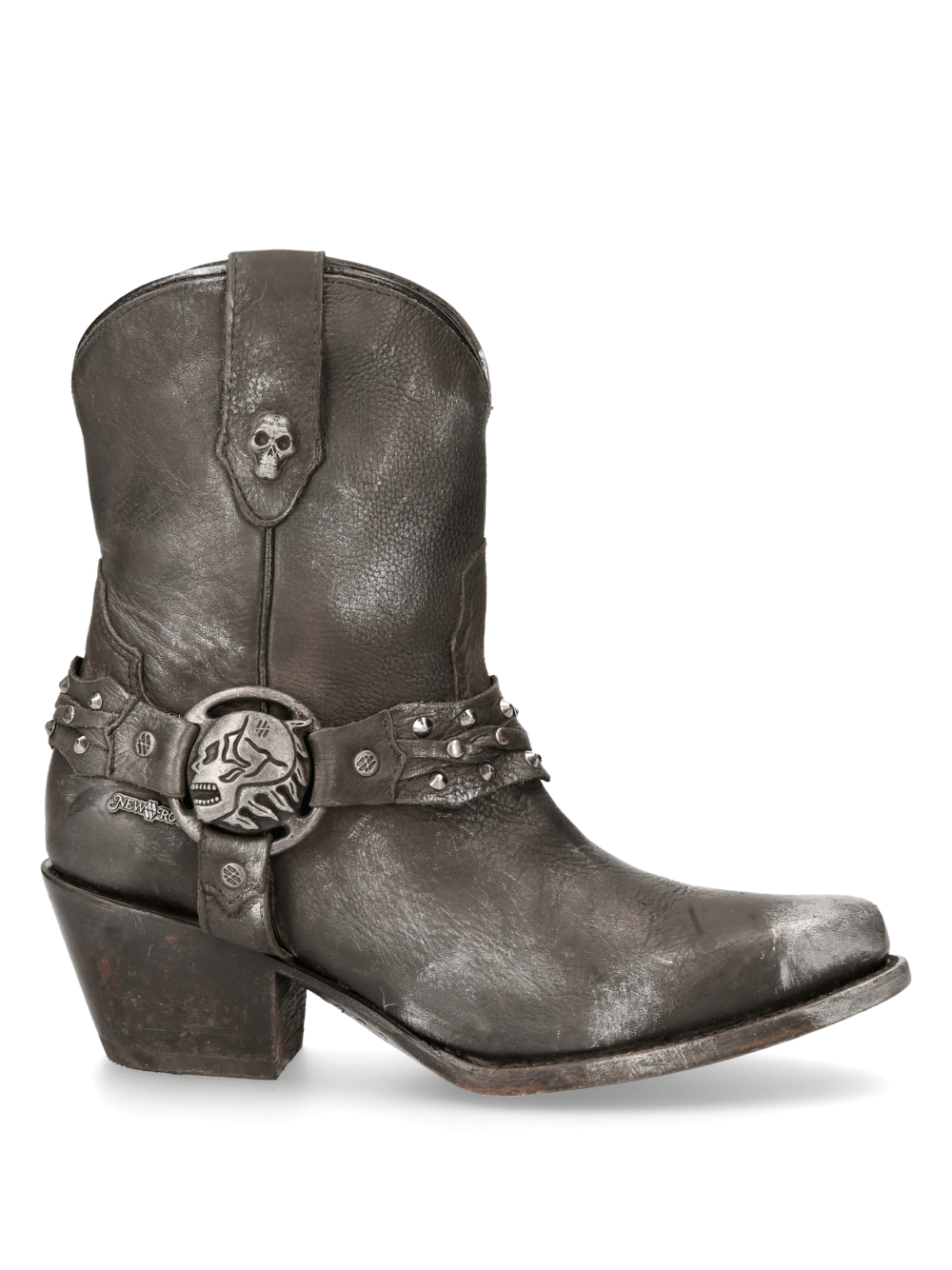 Edgy NEW ROCK biker ankle boots with rear zipper, skull accents, and studded straps in stone wash leather.