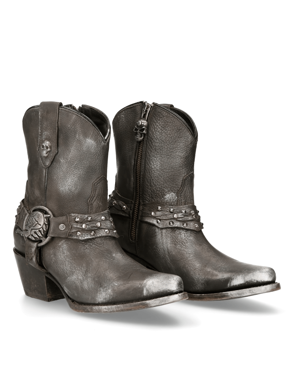 NEW ROCK Biker Ankle Boots with rear zipper, studded straps, and skull accents for women.