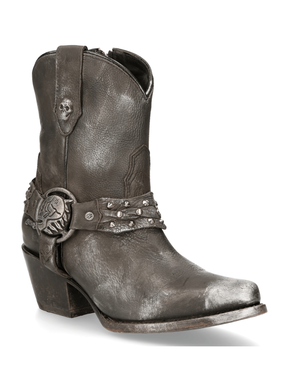 NEW ROCK Stone Wash Biker Ankle Boots for women with skull accents and studded straps, perfect for a rebellious look.