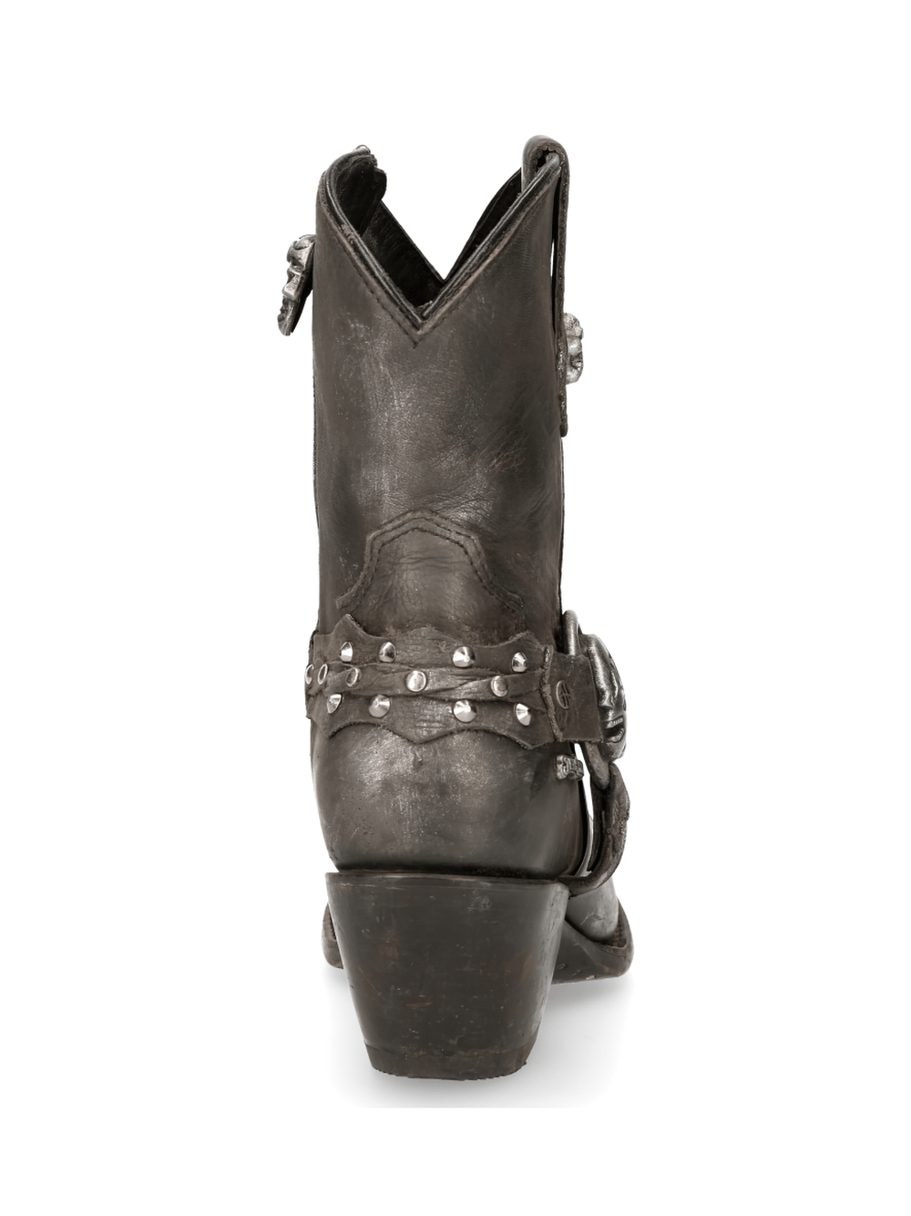 NEW ROCK women's biker ankle boots with rear zipper, skull accents, and studded straps, showcasing a stone wash finish.