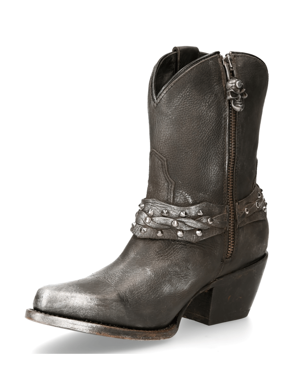 Edgy NEW ROCK Biker Ankle Boots with rear zipper, studded straps, and skull accents for a bold look.