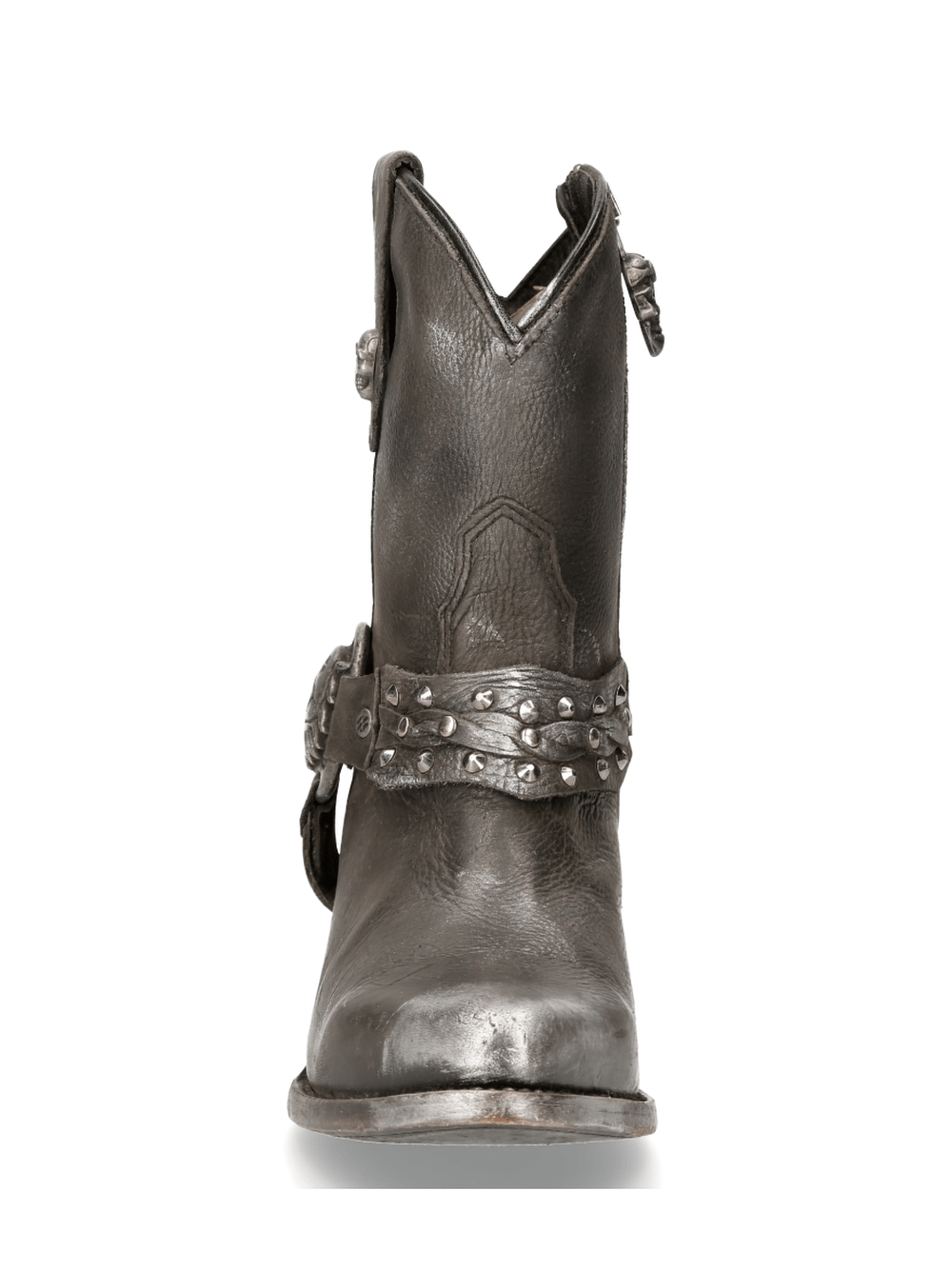 Front view of NEW ROCK biker ankle boots with studded straps and a vintage stone wash finish.