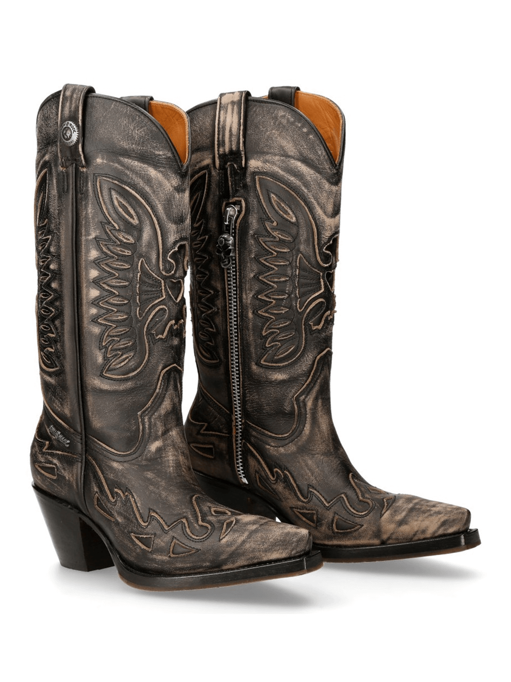 NEW ROCK Black Leather Heeled Biker Boots for Women with Vintage Cowboy Style and Intricate Stitching.