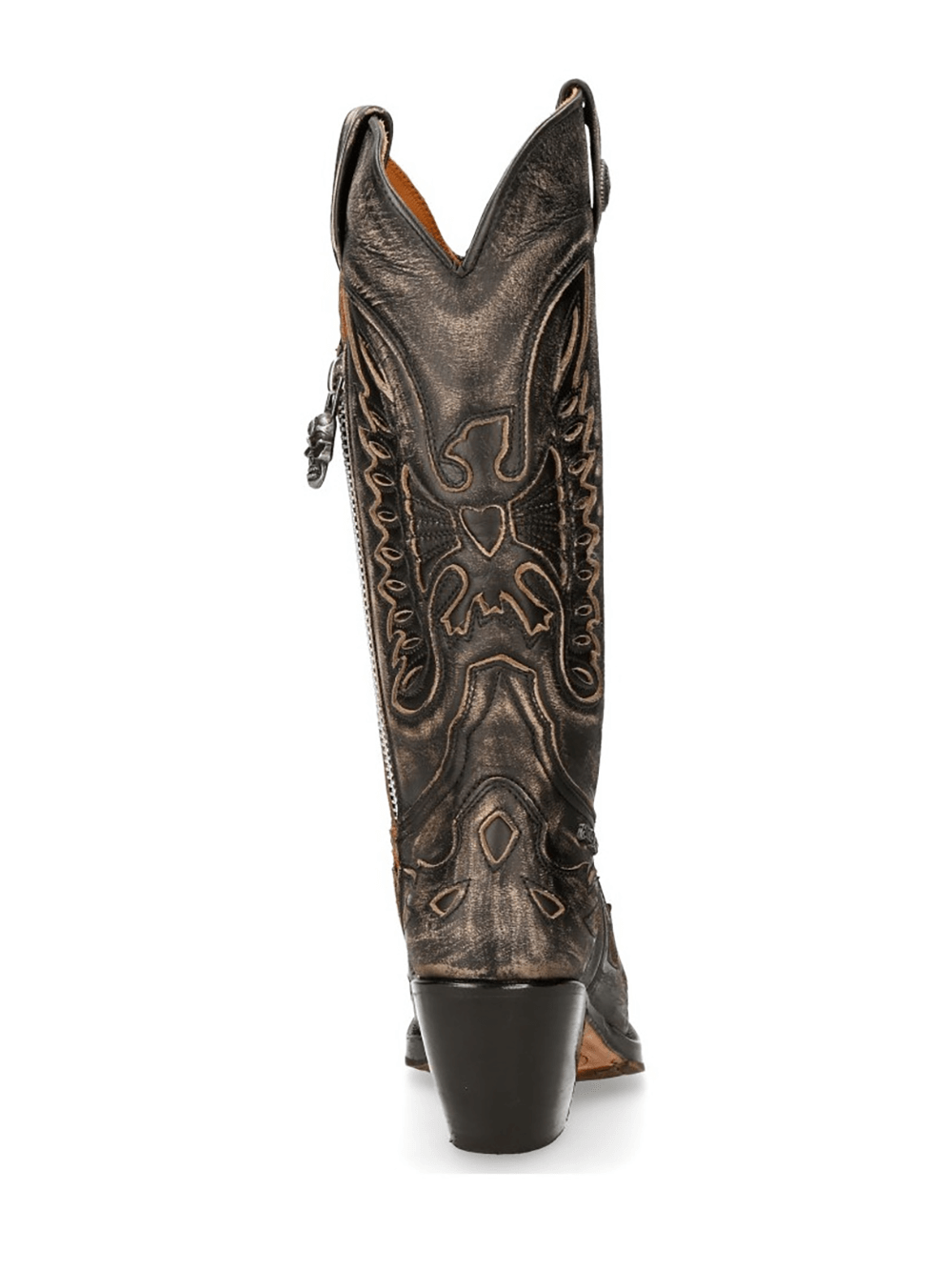 Vintage cowboy-inspired black leather heeled boots for women with intricate detailing and bold design.