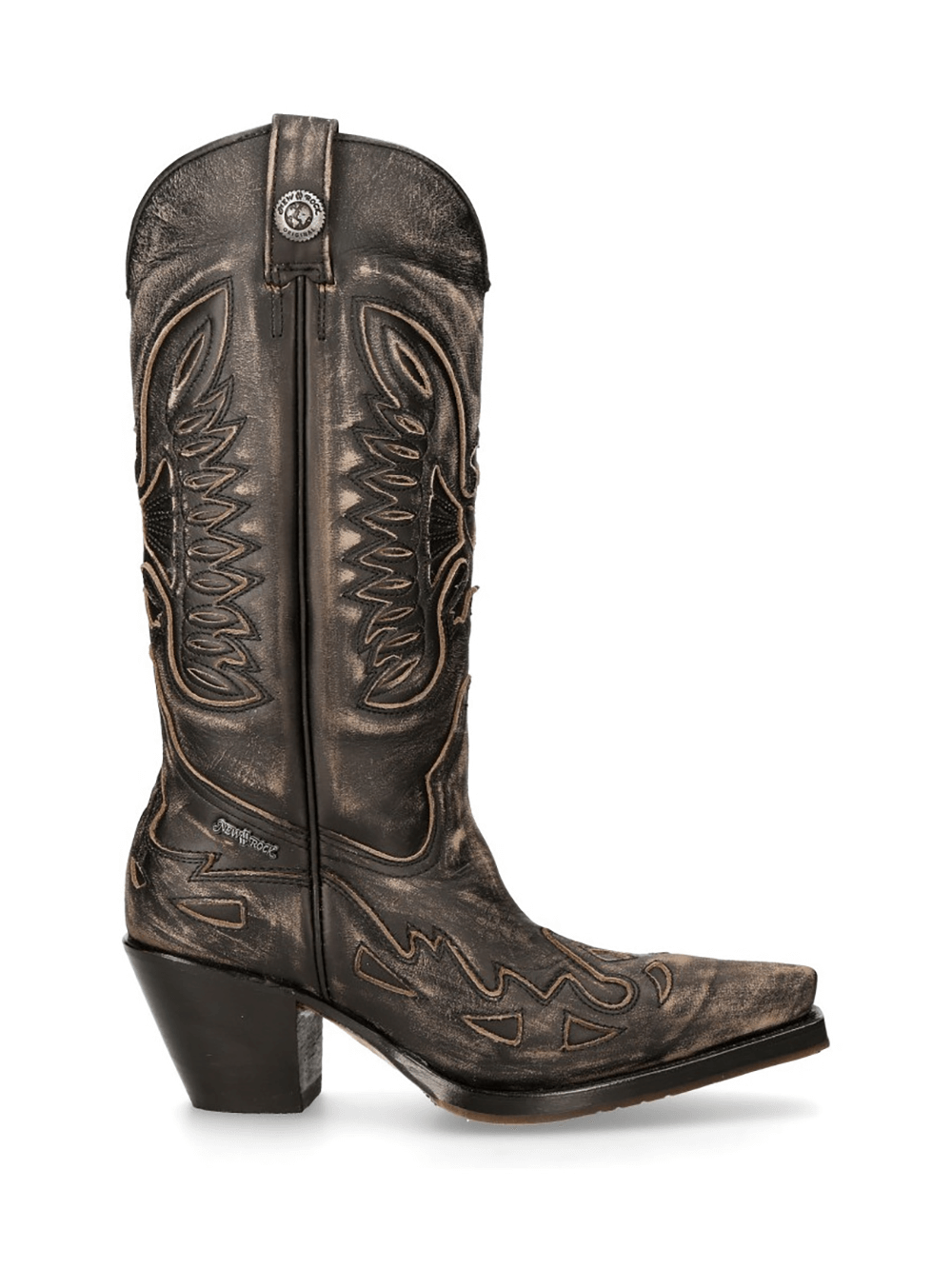 NEW ROCK women's black leather biker boots with cowboy-inspired design and 5 cm heel.