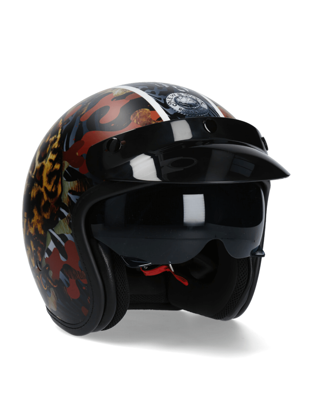 Urban biker helmet with click buckle and striking camo design for stylish and safe riding.