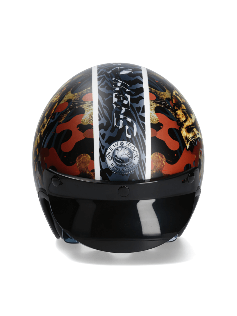 NEW ROCK biker helmet with striking design, click buckle for easy fastening, ideal for urban riders.