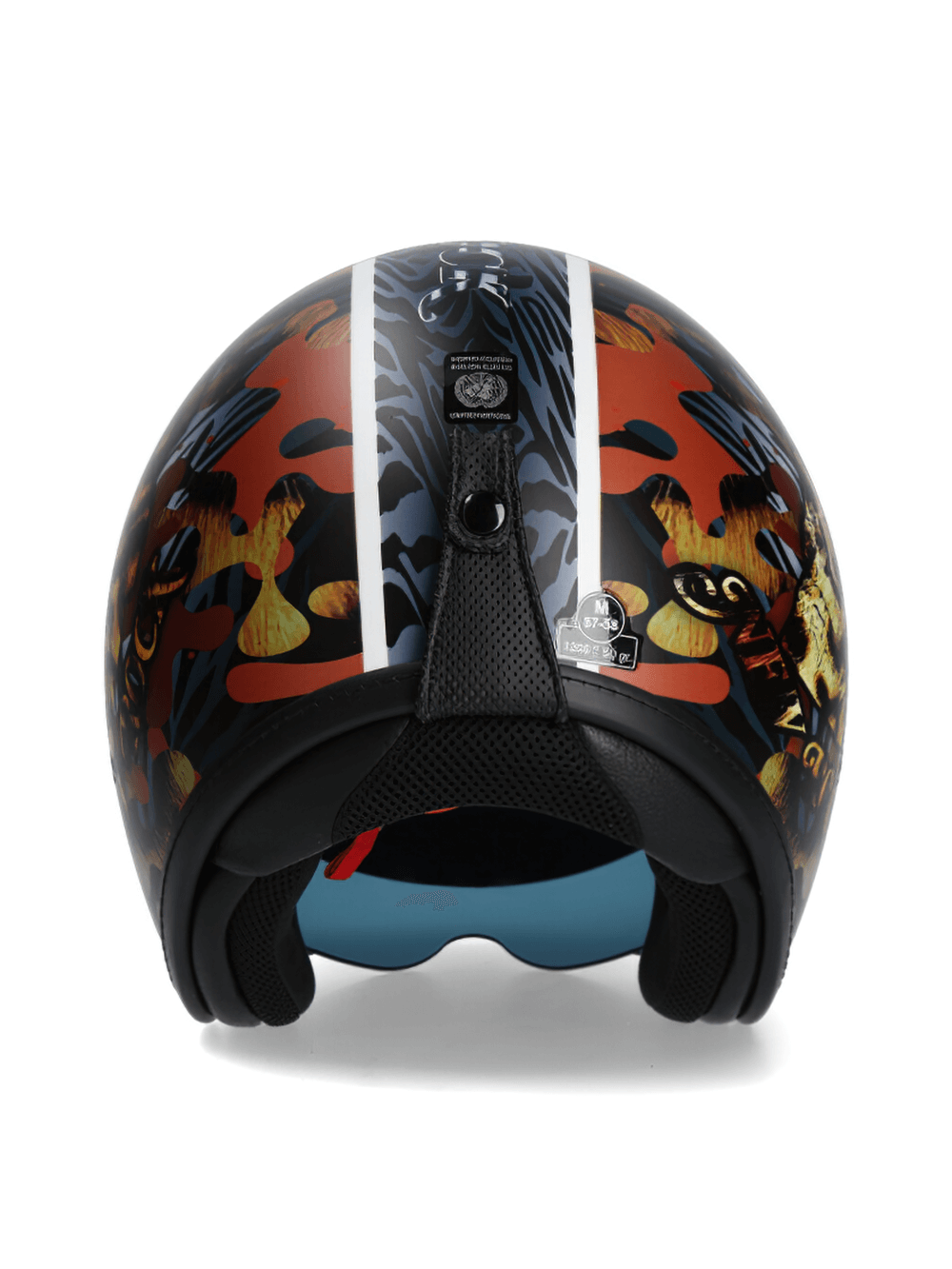Back view of the NEW ROCK Biker Helmet, showcasing its vibrant design and practical click buckle for urban riders.