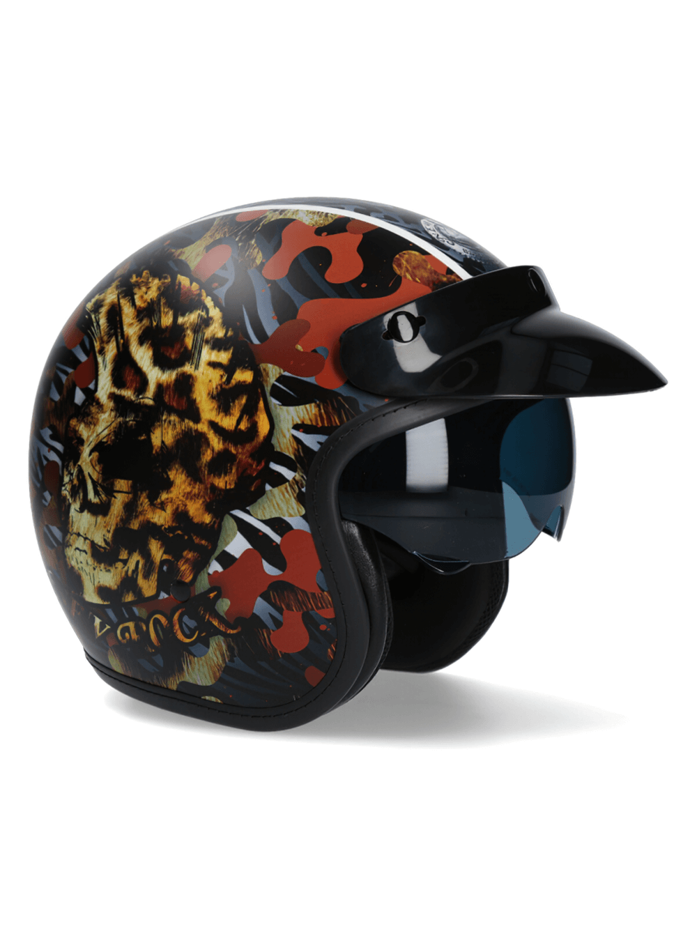 Stylish NEW ROCK Biker Helmet with Click Buckle, featuring a vibrant leopard print design and visor for urban riders.