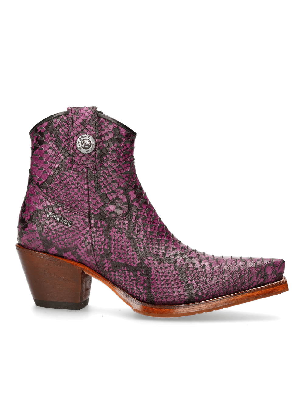 Stylish purple python print ankle boots with a pointed toe and stacked heel, perfect for trendy western fashion.