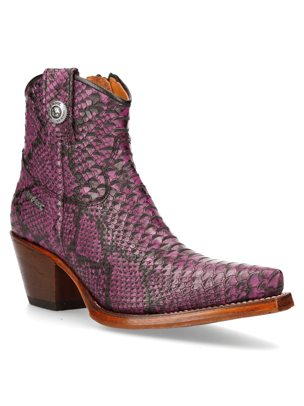 Stylish purple snake-print ankle boots with a classic wooden heel for a bold fashion statement.