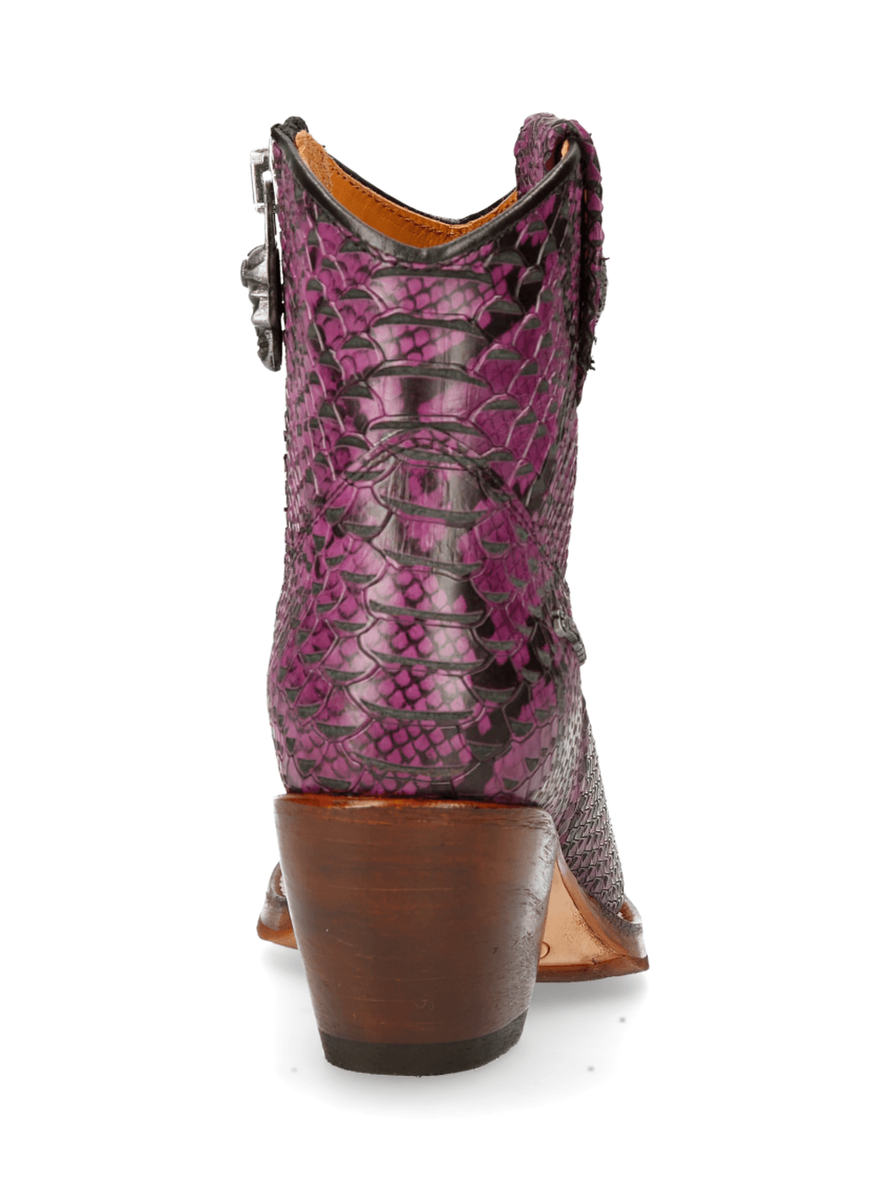 Back view of stylish purple snake print ankle boots with wooden heel.