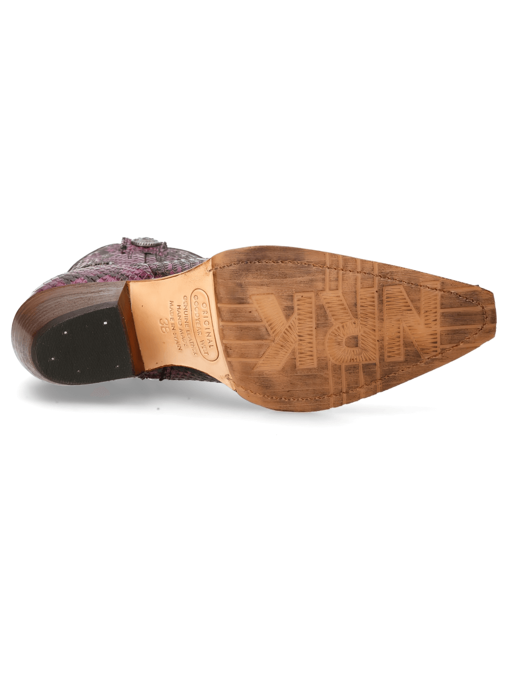 Bottom view of stylish NEW ROCK biker leather ankle boots showcasing durable sole and unique design details.