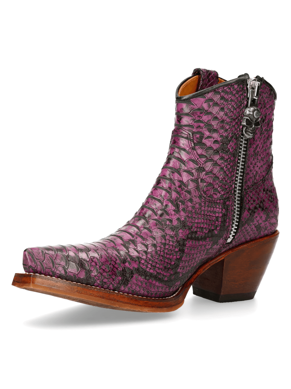 NEW ROCK Women's purple cow leather ankle boots with zipper detail, featuring a stylish snake print design.