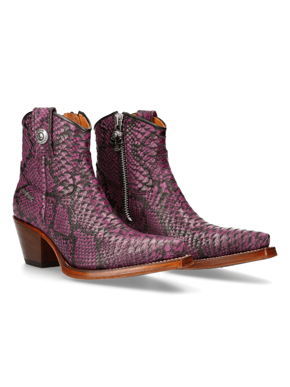 Stylish purple snake print ankle boots with zipper detail, perfect for a bold fashion statement.
