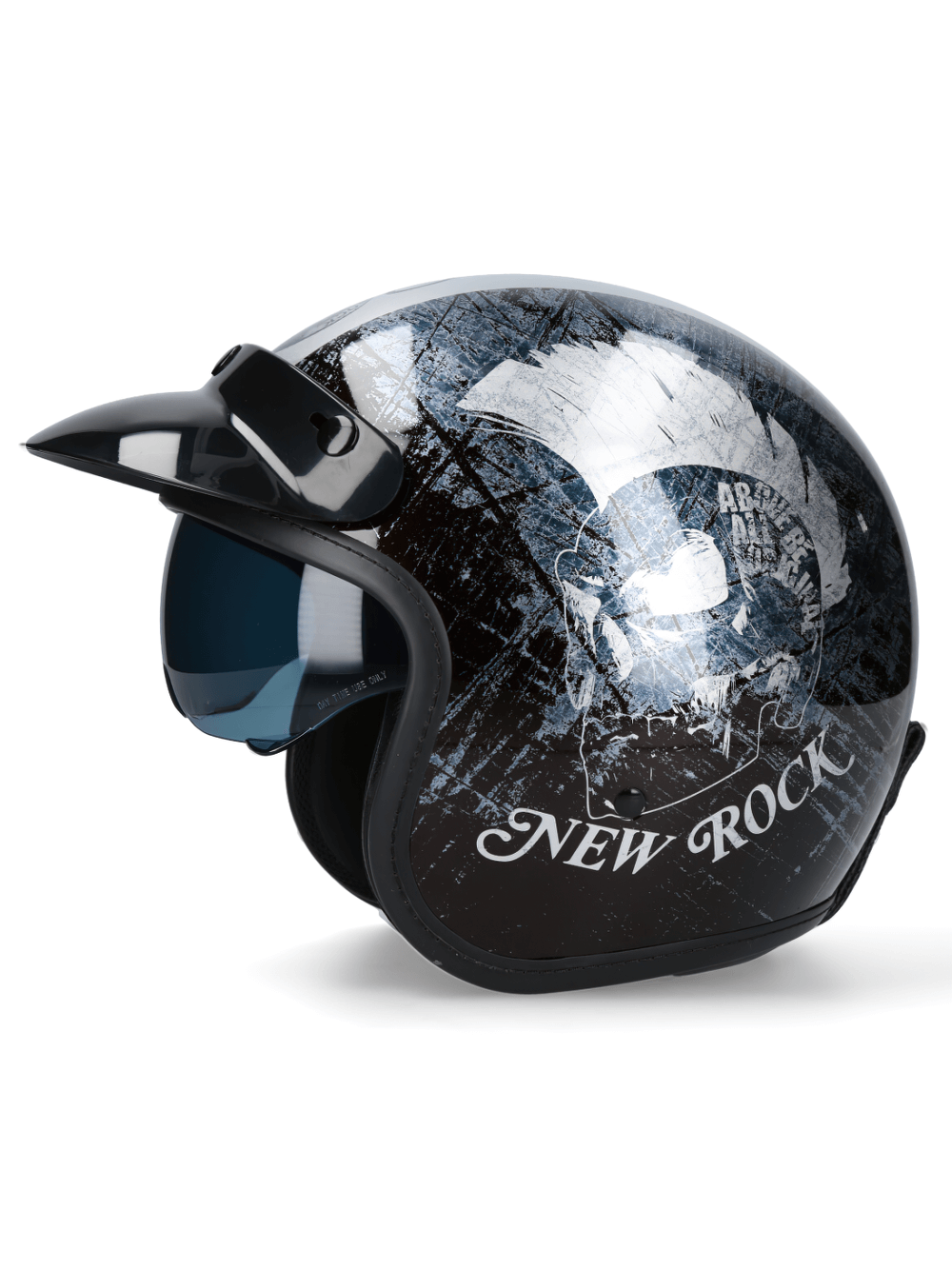 Silver NEW ROCK biker motorcycle helmet with adjustable click buckle and edgy design.