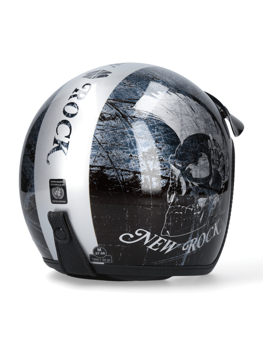 New Rock silver open-face motorcycle helmet with skull design and click buckle, ideal for urban bikers.