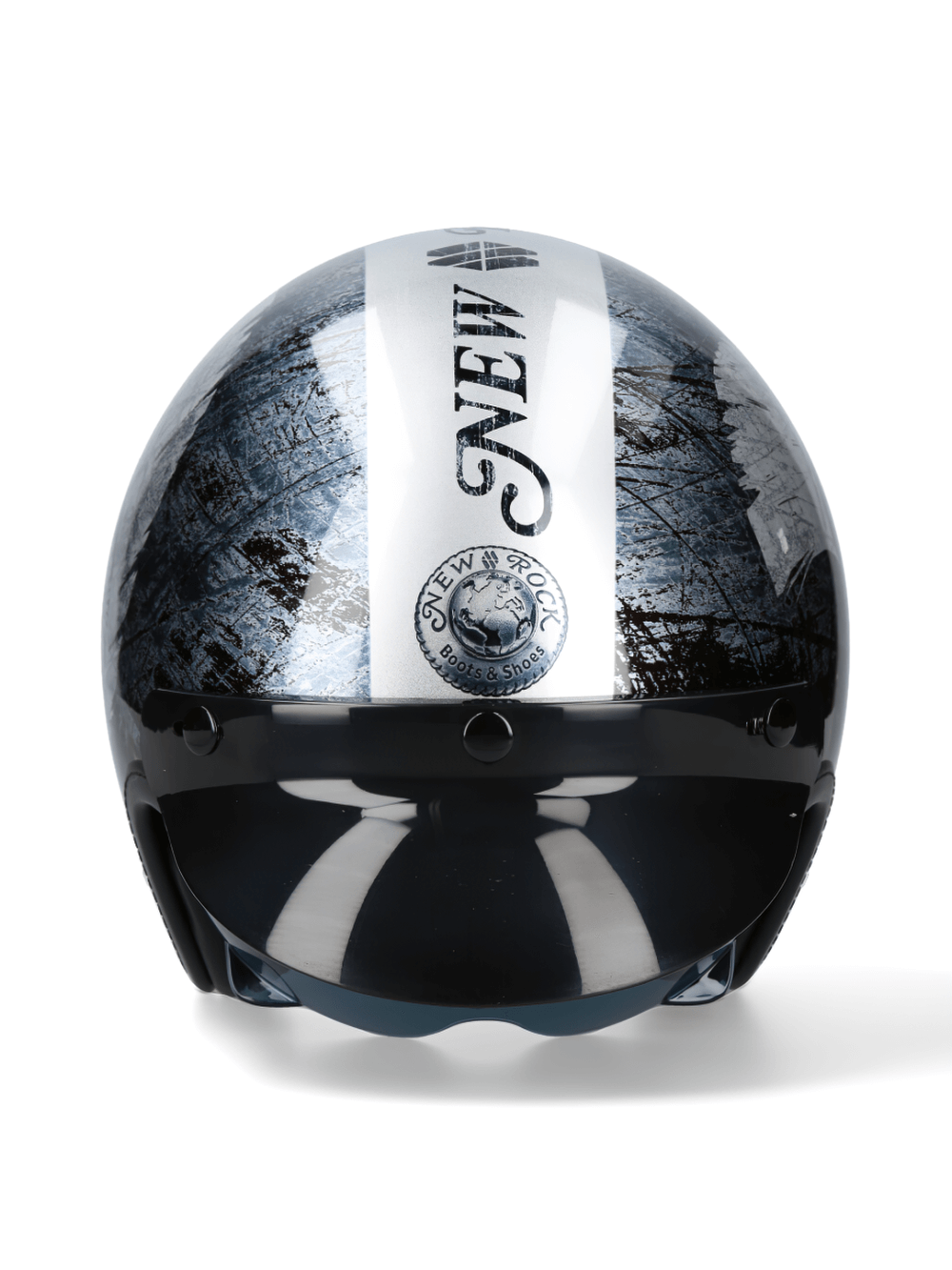 Silver open-face motorcycle helmet with click buckle, designed for urban bikers, showcasing a sleek and rugged style.