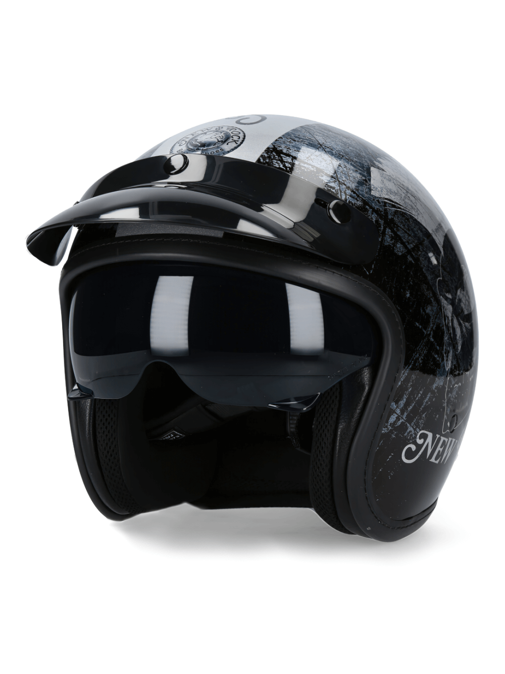 NEW ROCK silver open-face biker motorcycle helmet with click buckle closure and stylish design.