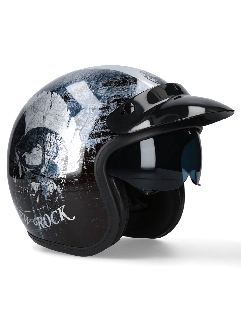 NEW ROCK silver open-face motorcycle helmet with adjustable click buckle, stylish and protective for urban bikers.