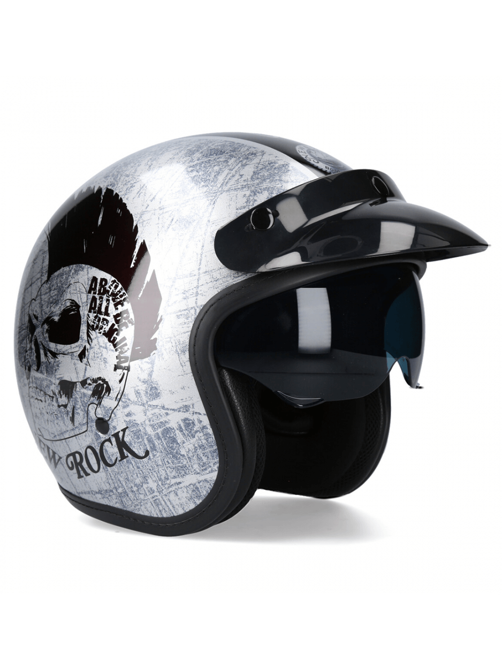 NEW ROCK silver vintage-style open-face motorcycle helmet with graphic design and click buckle closure.