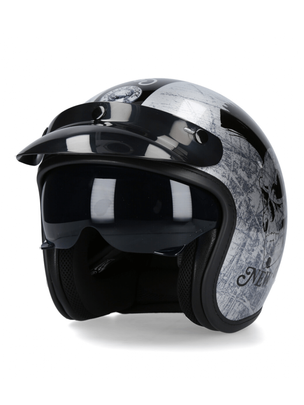 NEW ROCK silver vintage-style open-face biker helmet with bold graphic design and click buckle closure.