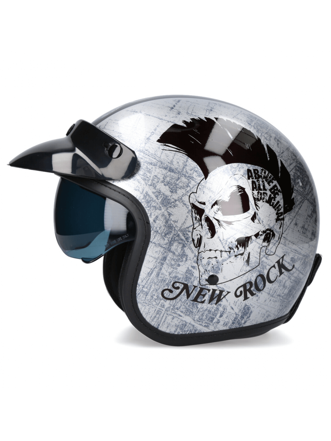 Silver vintage-style NEW ROCK biker helmet with bold skull graphic and click buckle closure, perfect for urban riders.