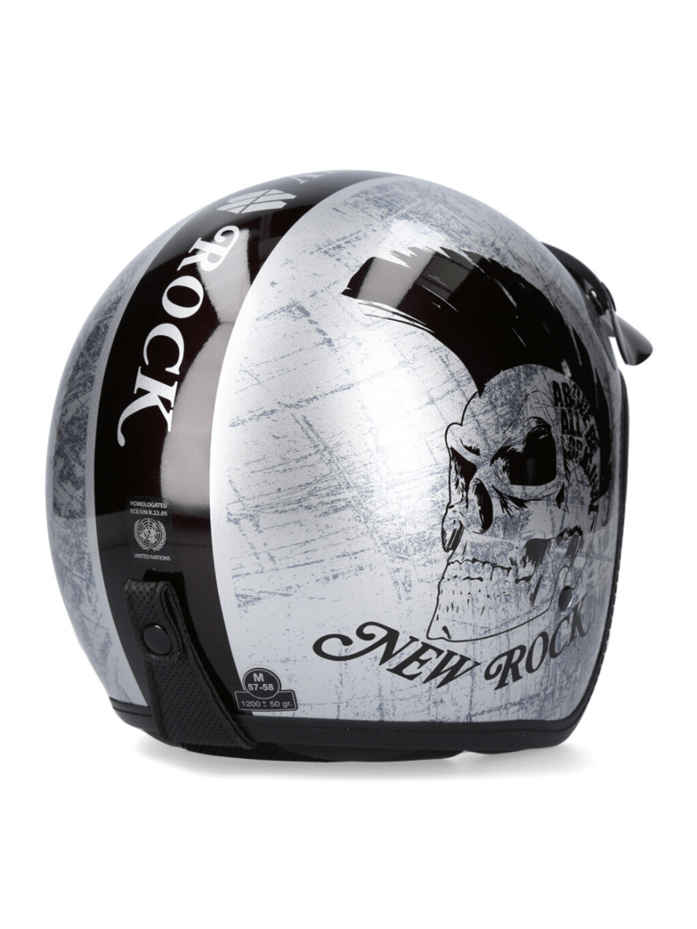 Silver vintage-style open-face motorcycle helmet with skull graphic for city riders.